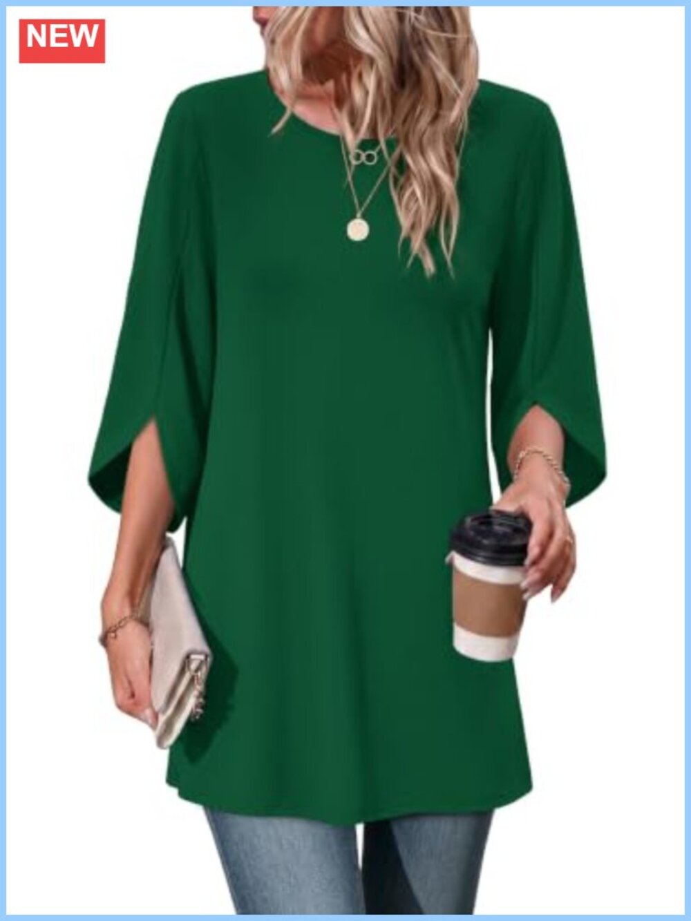 Womens Tunic Top 3/4 Sleeve Boho Long Curved Hem Flowy Fit